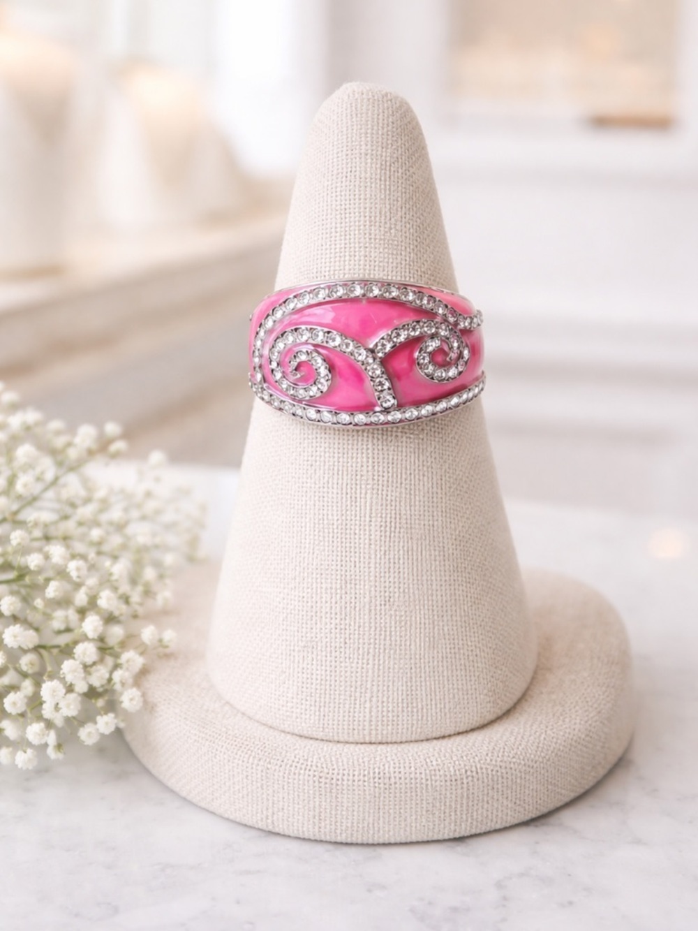 New York & Company NWT Pink and Silver Enamel Rhinestone Ring Size 6